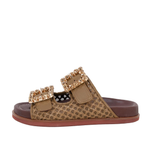 SANDALI DONNA LORENZO MARI CIABATTE PRIMULA 06 IN PELLE E RAFFIA MILITARE